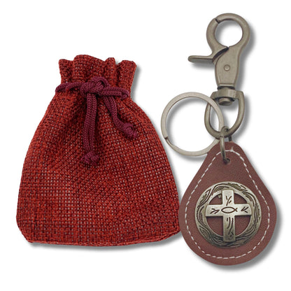 Evenchae Leather Keychain - Cross Medallion Concho - Gift Bag - Unisex 4.5 in L