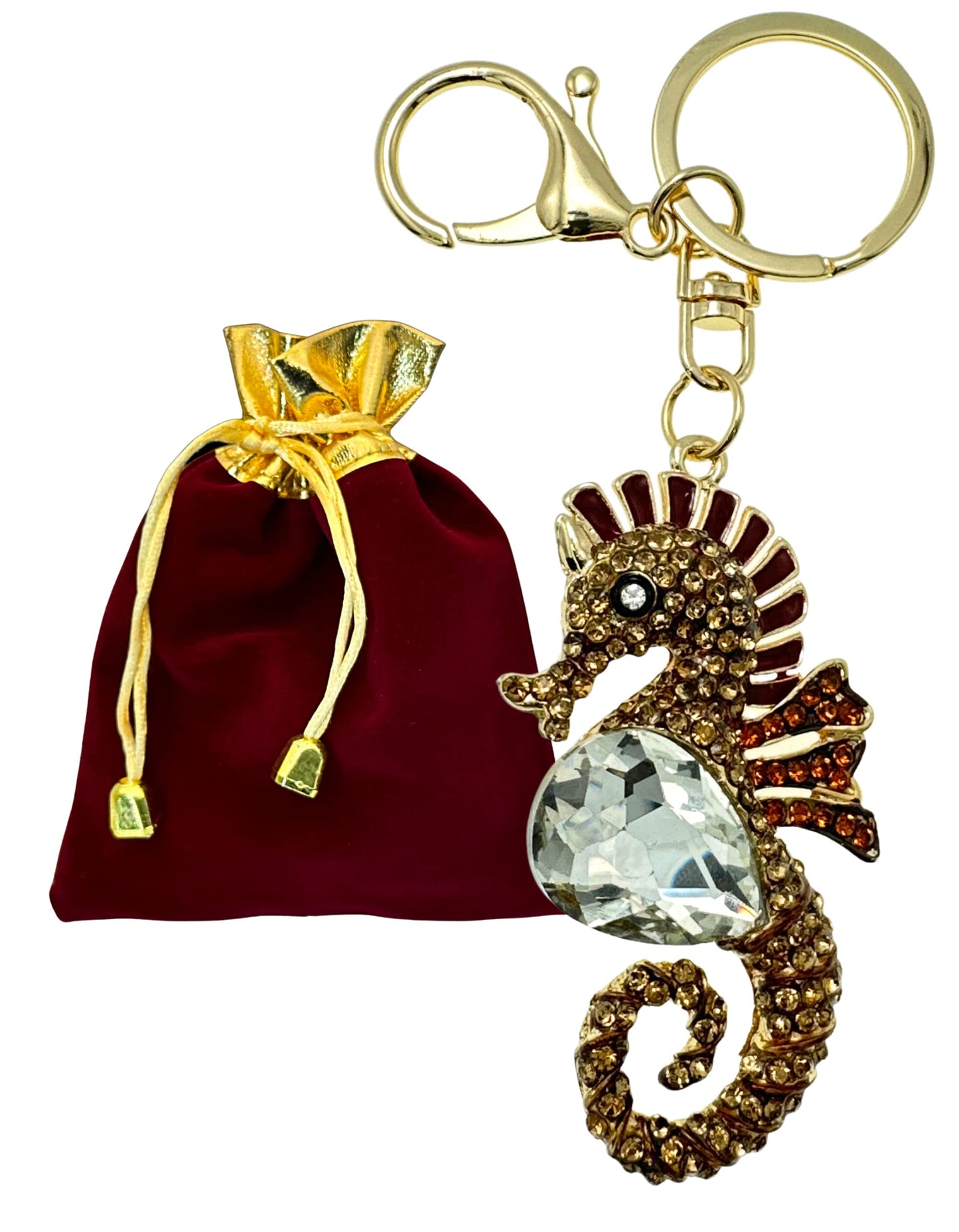 Evenchae Coastal Seahorse Keychain - Rhinestones, Filigreed Gold Back, Drawstring Gift Bag - 5 In Long Purse Jewelry