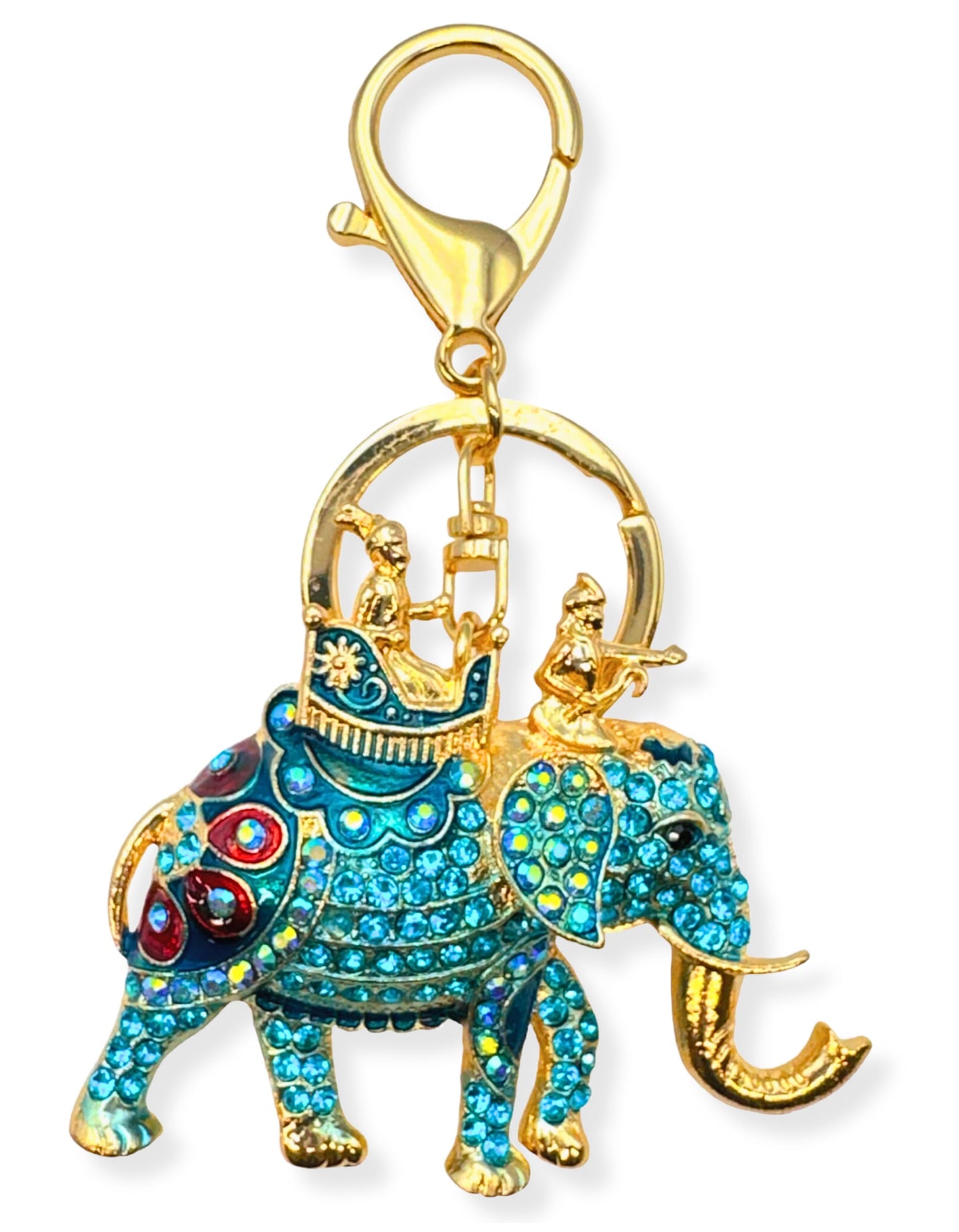 Evenchae Elephant Keychain - Inlaid with Rhinestones - Gold Filigree Back - Drawstring Gift Bag - 4.25 in Long