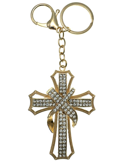 Evenchae Ornate Cross Keychain - Inlaid with Clear Rhinestones, Drawstring Gift Bag - 5.5 In Long