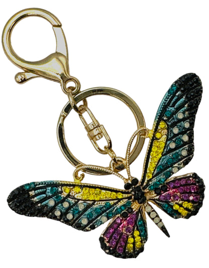 Evenchae Neon Butterfly Keychain - Inlaid with Rhinestones, Drawstring Gift Bag, Gold Solid Back - 3.5 in Long