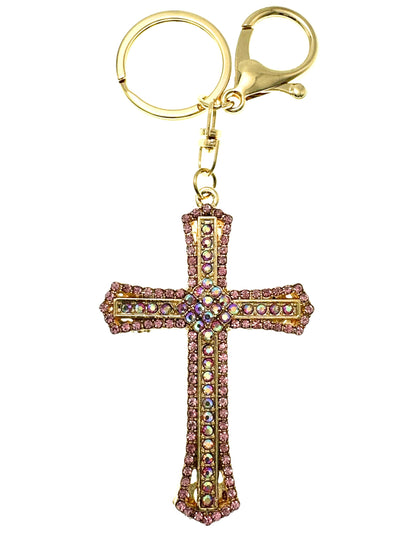 Evenchae Inlaid Cross Keychain - Rhinestones, Gold Filigree Back, Drawstring Gift Bag, 5.6 Inches Long