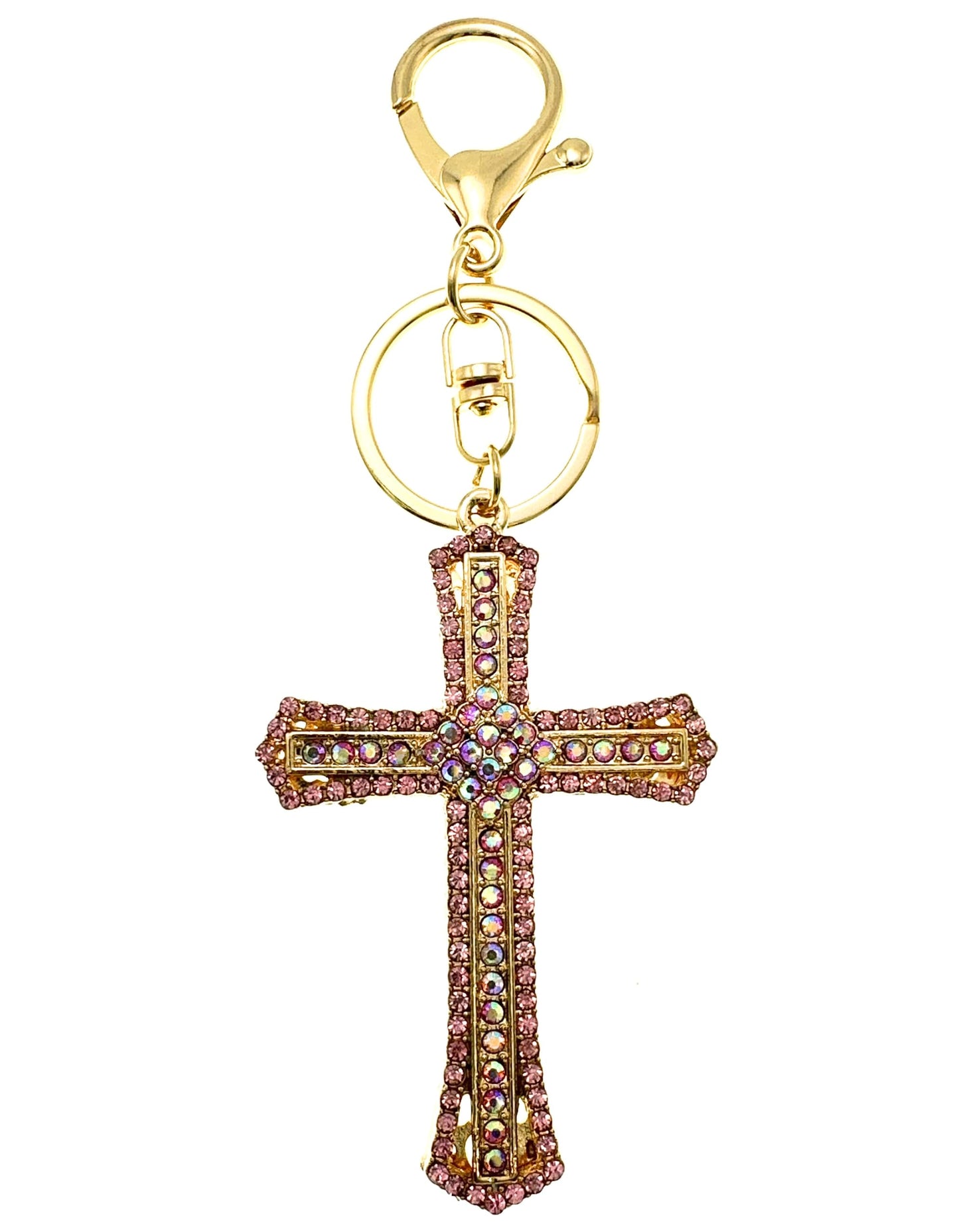 Evenchae Inlaid Cross Keychain - Rhinestones, Gold Filigree Back, Drawstring Gift Bag, 5.6 Inches Long