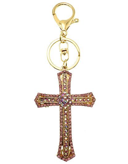 Evenchae Inlaid Cross Keychain - Rhinestones, Gold Filigree Back, Drawstring Gift Bag, 5.6 Inches Long