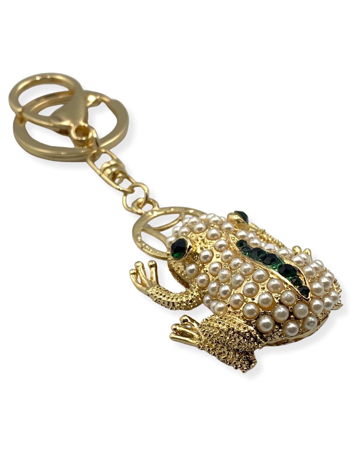 Evenchae Frog Keychain - Imitation Pearls & Rhinestones - Gold-Tone Filigree Back - Drawstring Gift Bag - 4.75 in Long