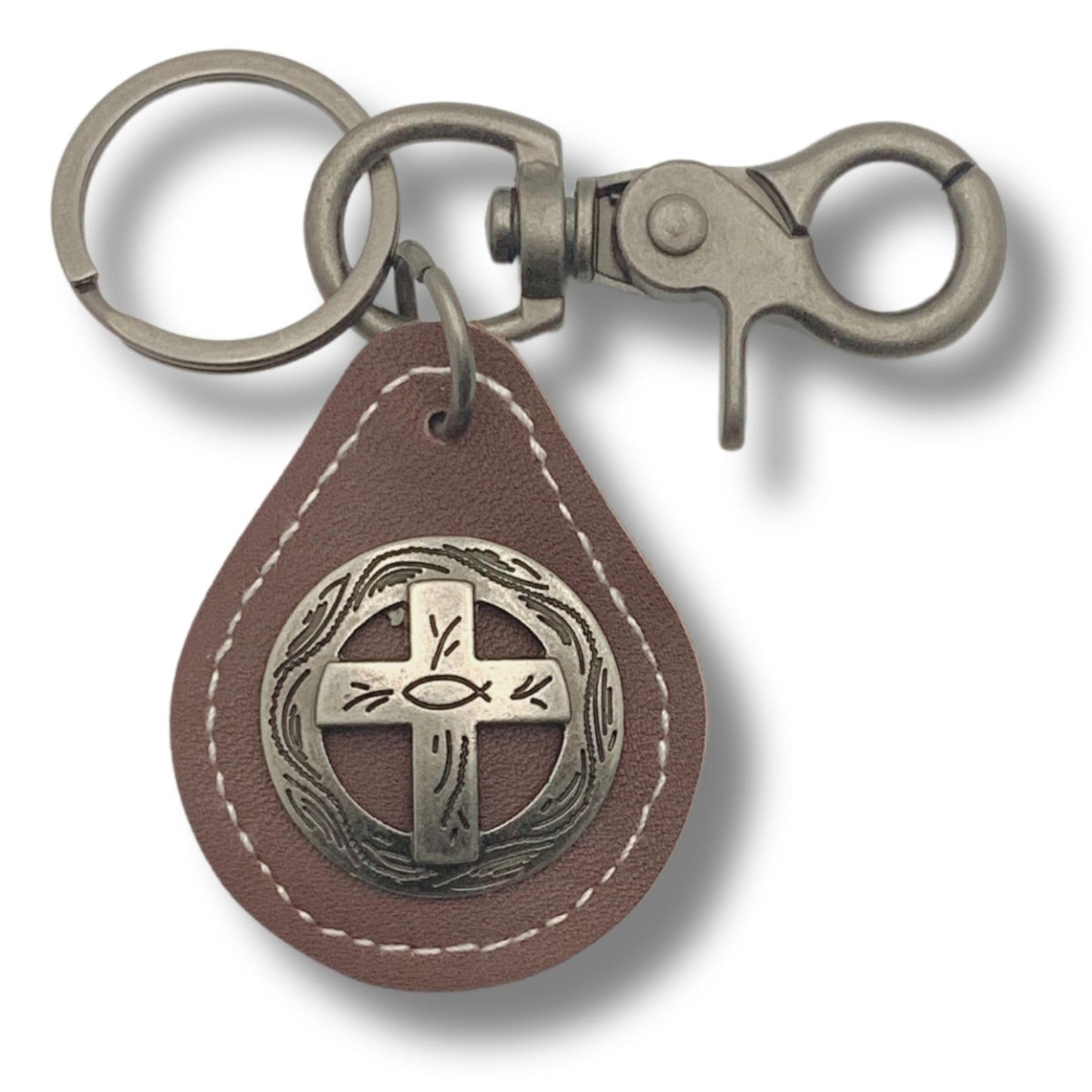 Evenchae Leather Keychain - Cross Medallion Concho - Gift Bag - Unisex 4.5 in L