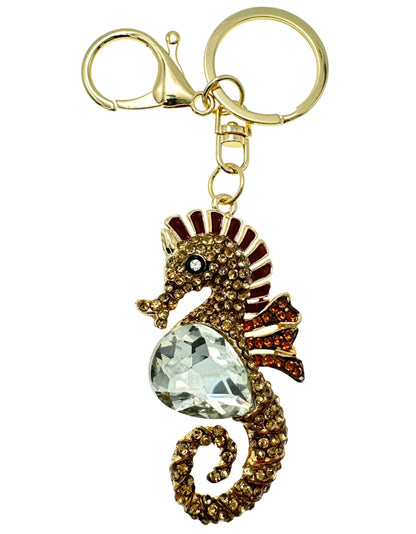 Evenchae Coastal Seahorse Keychain - Rhinestones, Filigreed Gold Back, Drawstring Gift Bag - 5 In Long Purse Jewelry