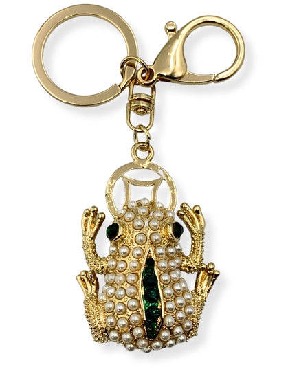 Evenchae Frog Keychain - Imitation Pearls & Rhinestones - Gold-Tone Filigree Back - Drawstring Gift Bag - 4.75 in Long