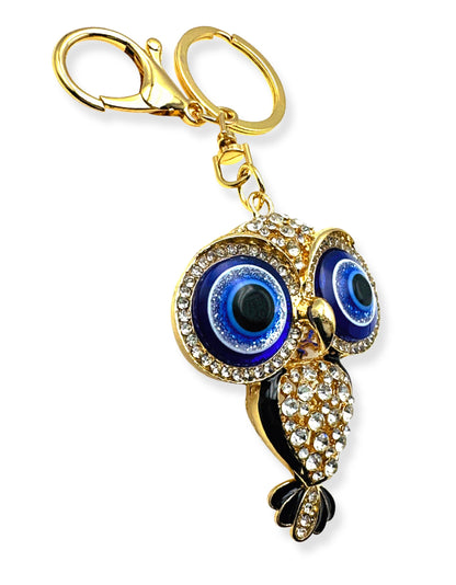 Evenchae Evil Eye Owl Keychain - Inlaid with Clear Rhinestones - Gold Filigree Back - Drawstring Gift Bag - 5 in Long