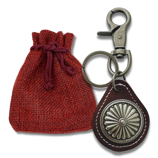 Evenchae Leather Keychain - Flower Medallion Concho, Gift Bag, Unisex 4.5 in L