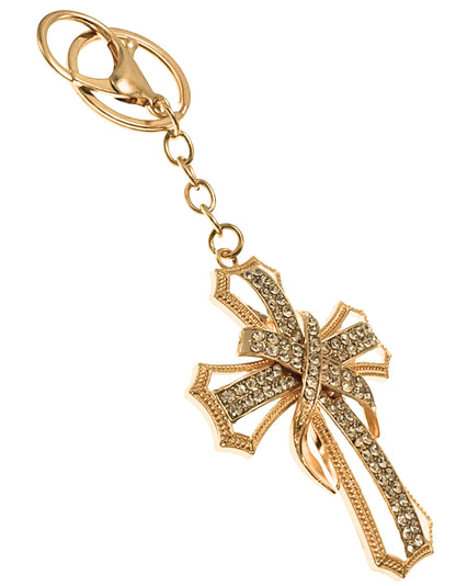 Evenchae Ornate Cross Keychain - Inlaid with Clear Rhinestones, Drawstring Gift Bag - 5.5 In Long