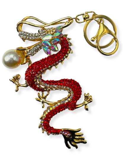 Evenchae Red Dragon Keychain - Inlaid with Rhinestones - Gold Filigree Back - Drawstring Gift Bag - 6.5 in Long