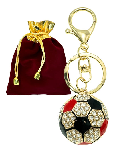 Evenchae Soccer Ball Keychain - Inlaid with Clear Rhinestones, Gold Filigree Back, Drawstring Gift Bag, 4 Inches Long