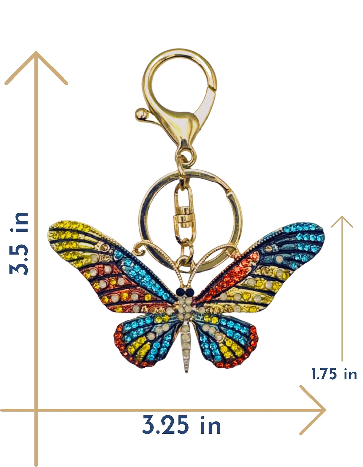 Evenchae Neon Butterfly Keychain - Inlaid with Rhinestones, Drawstring Gift Bag, Gold Solid Back - 3.5 in Long