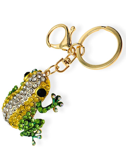 Evenchae Frog Keychain - Inlaid with Rhinestones - Gold-Tone Filigree Back - Drawstring Gift Bag - 4.5 in Long