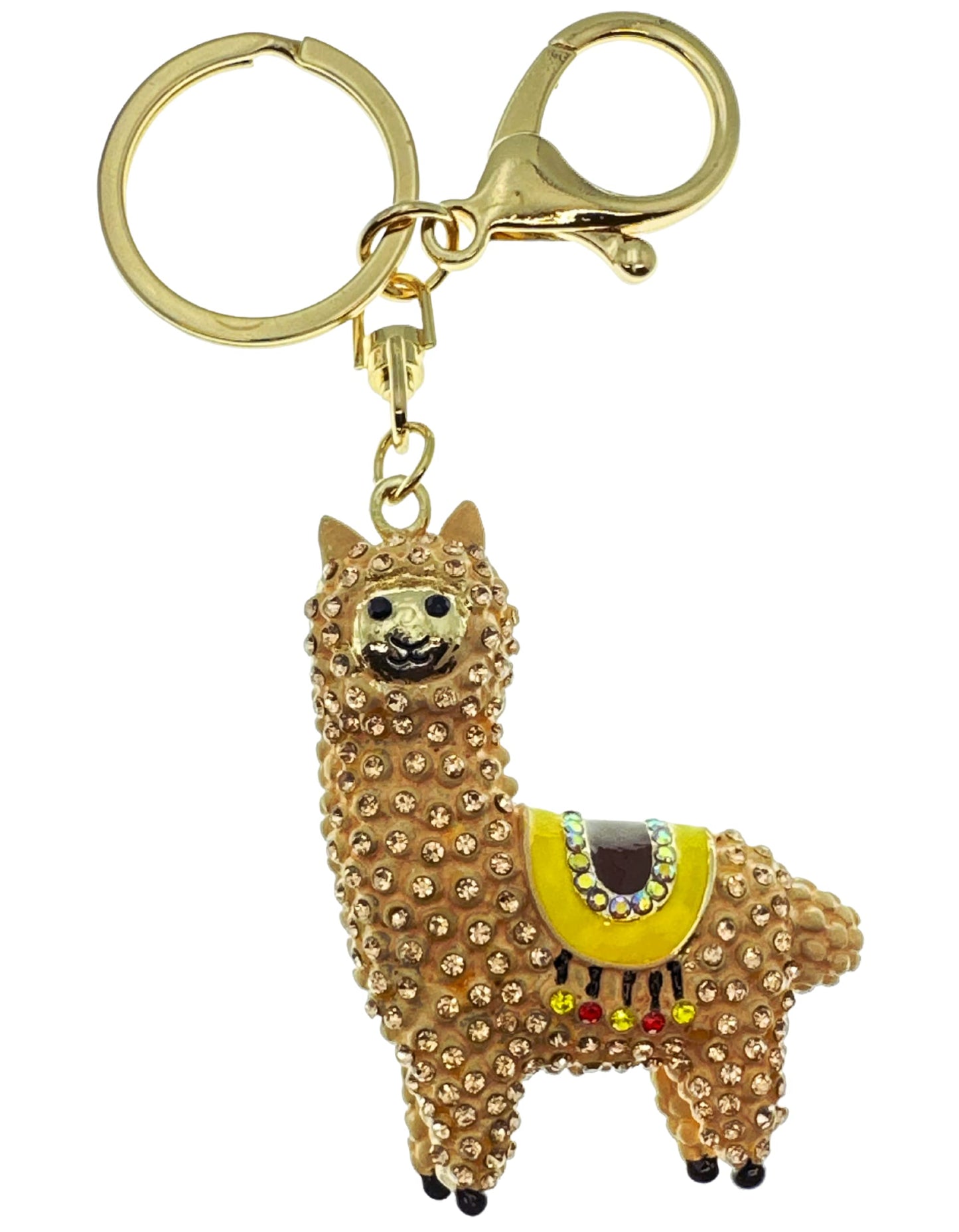 Evenchae Sparkling Llama Keychain - Rhinestones, Gold Filigreed Back, Drawstring Gift Bag - 5" Long Purse Jewelry