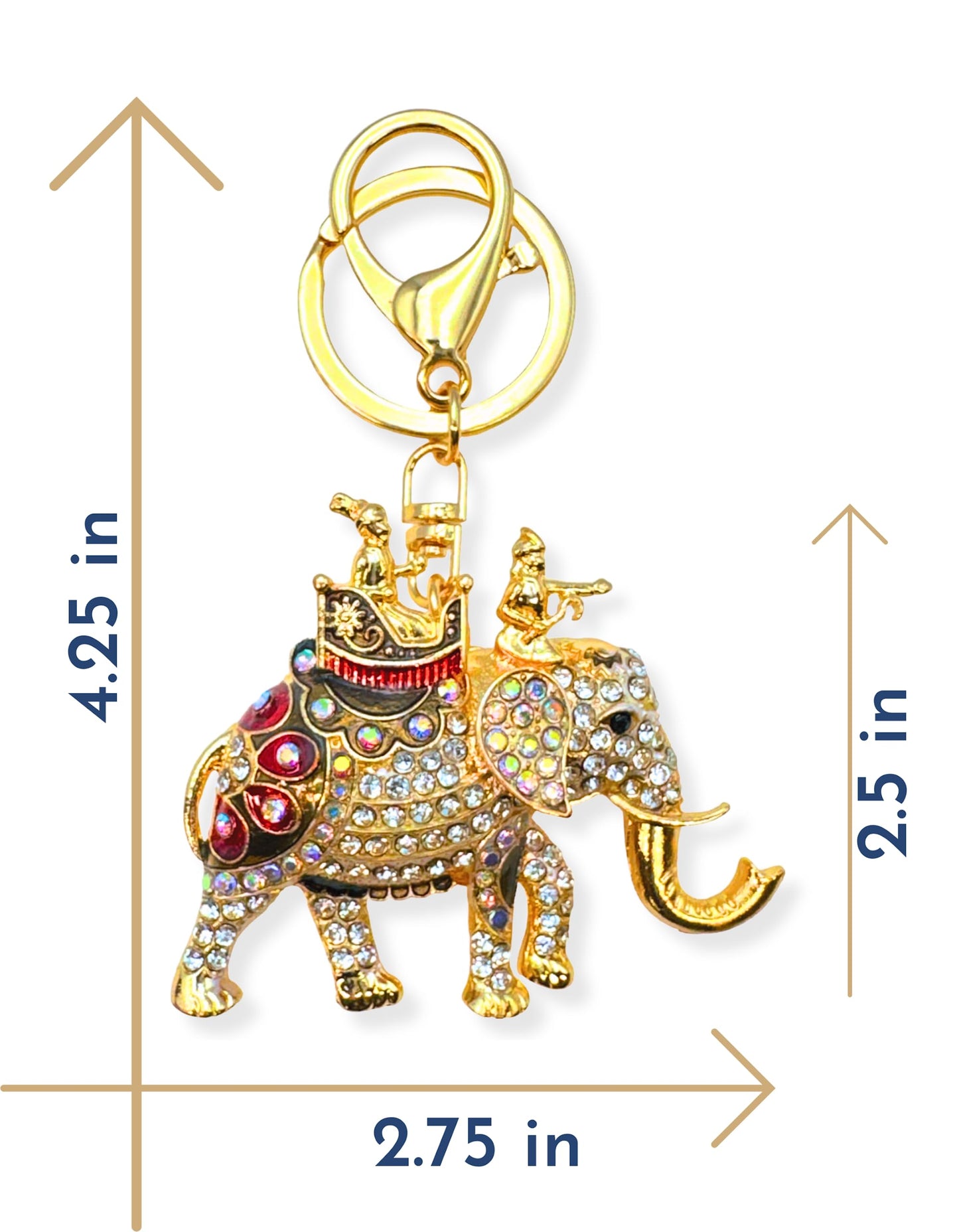 Evenchae Elephant Keychain - Inlaid with Rhinestones - Gold Filigree Back - Drawstring Gift Bag - 4.25 in Long