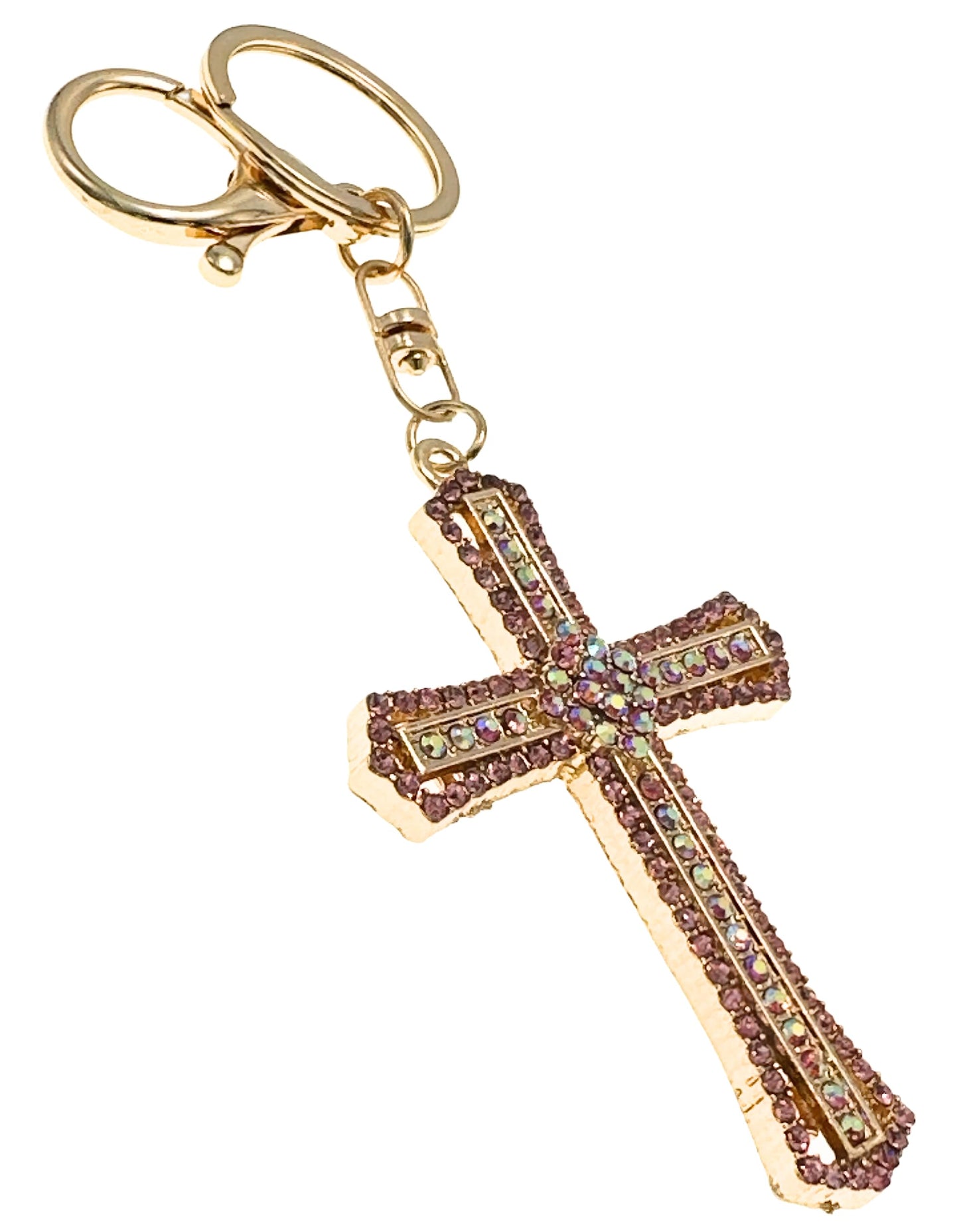 Evenchae Inlaid Cross Keychain - Rhinestones, Gold Filigree Back, Drawstring Gift Bag, 5.6 Inches Long