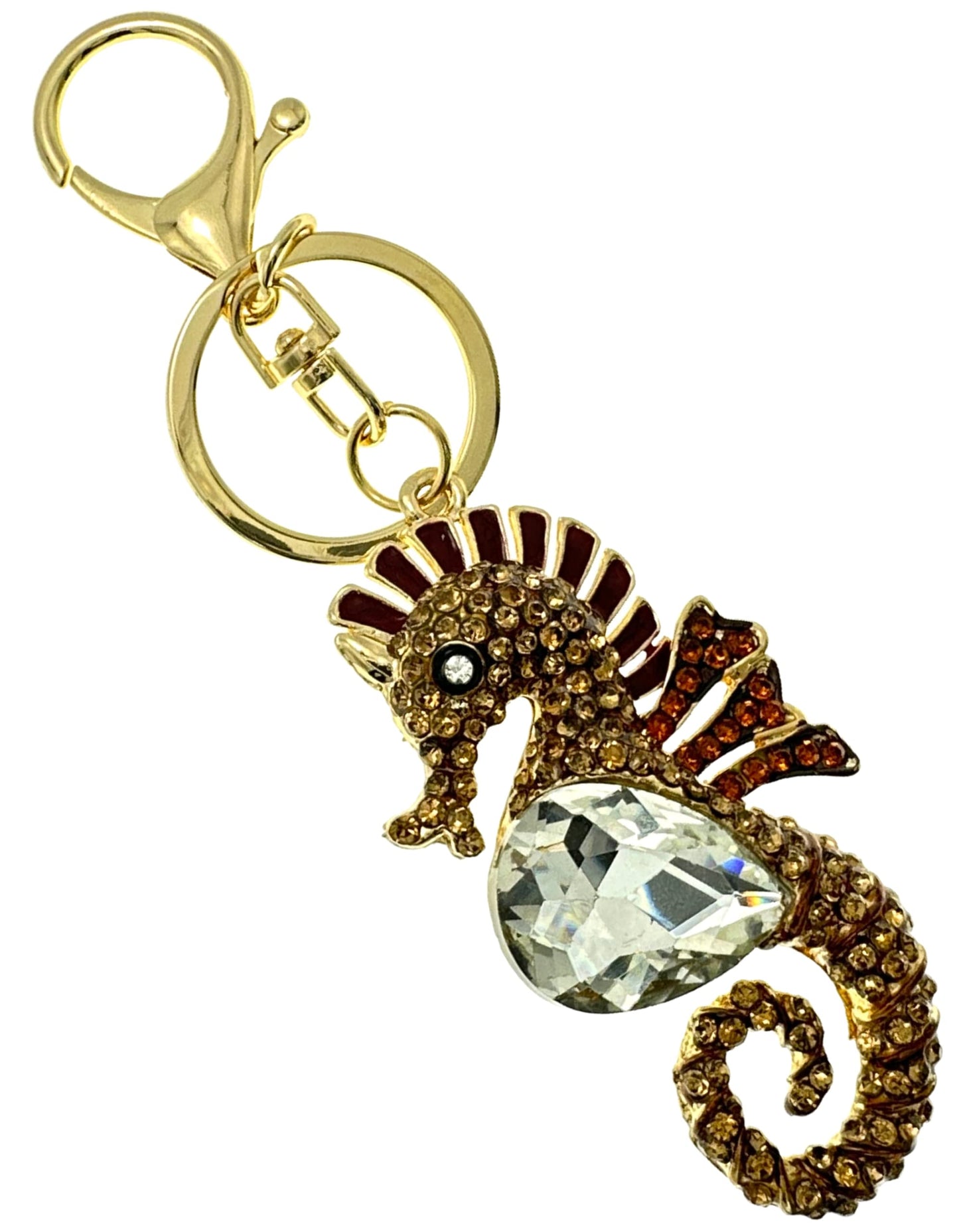 Evenchae Coastal Seahorse Keychain - Rhinestones, Filigreed Gold Back, Drawstring Gift Bag - 5 In Long Purse Jewelry