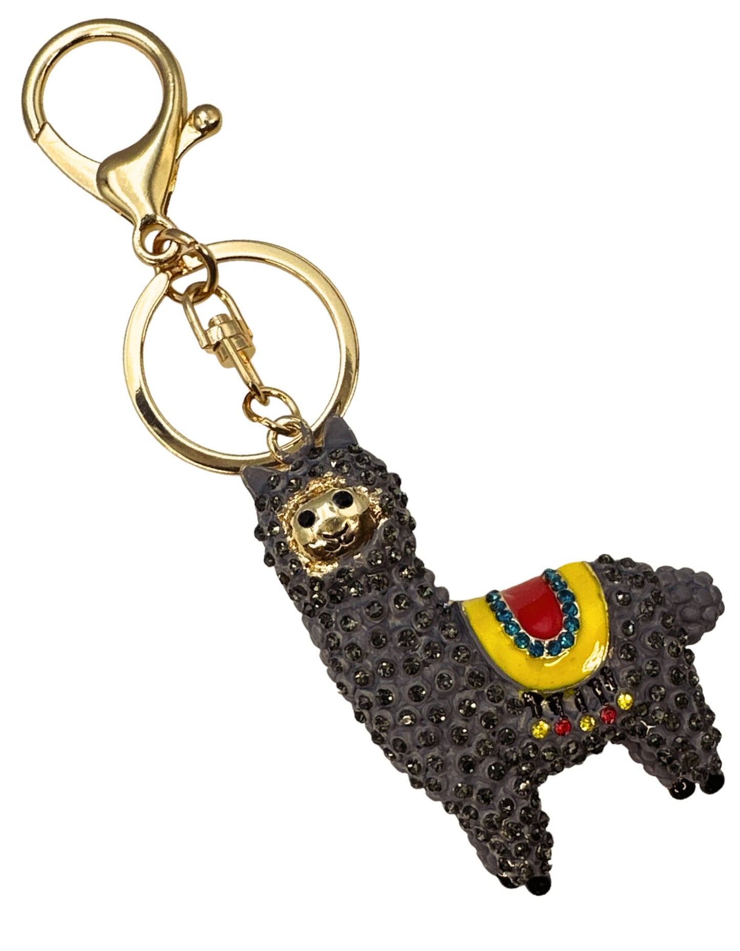 Evenchae Sparkling Llama Keychain - Rhinestones, Gold Filigreed Back, Drawstring Gift Bag - 5" Long Purse Jewelry