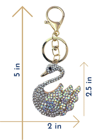 Evenchae Elegant Swan Keychain - Rhinestones, Filigreed Gold Back, Drawstring Gift Bag - 5 In Long Purse Jewelry