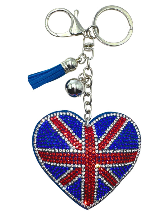 Evenchae British Union Jack Flag Keychain - Rhinestone Heart - Plush Back - Drawstring Gift Bag - 6.25 in Long