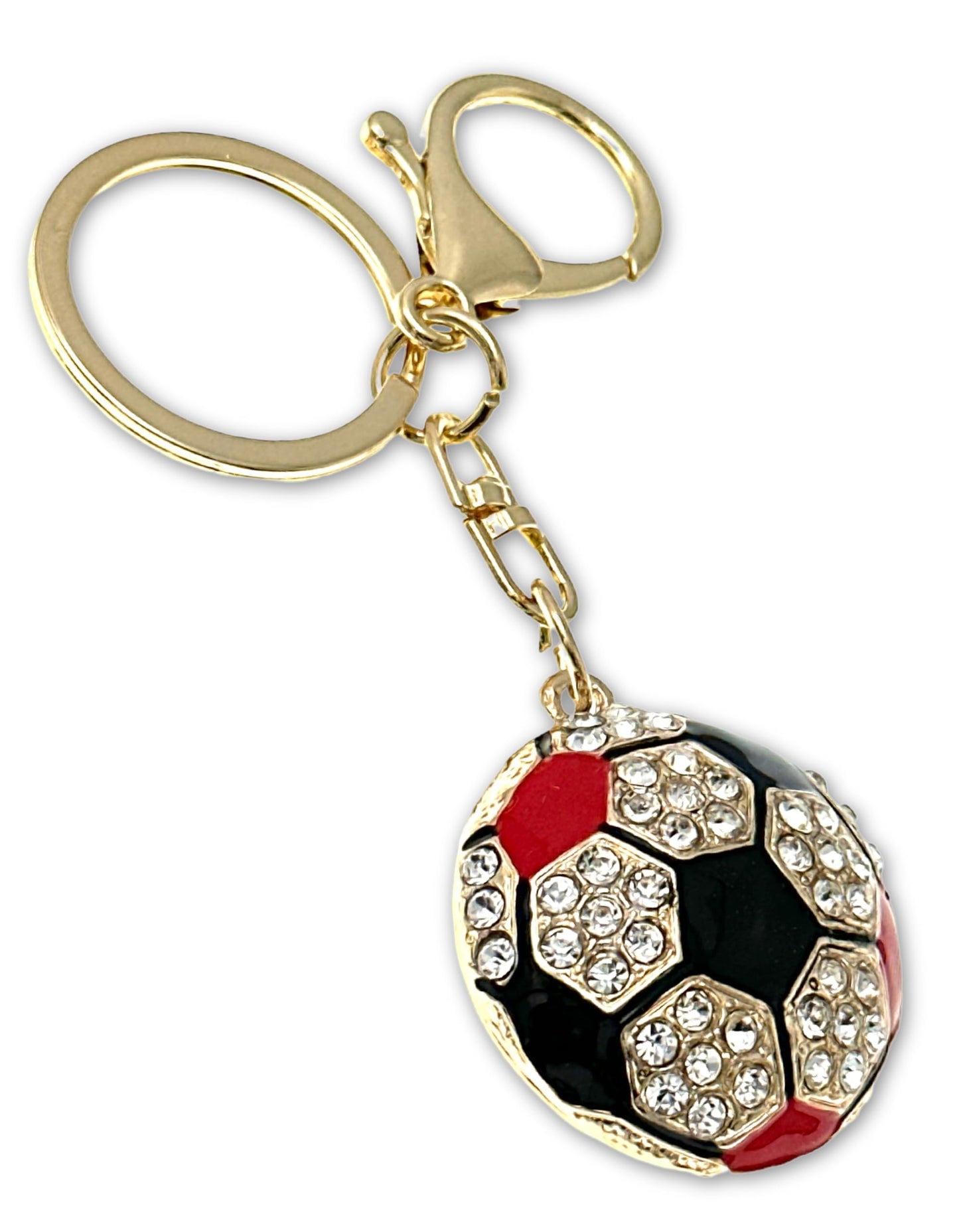 Evenchae Soccer Ball Keychain - Inlaid with Clear Rhinestones, Gold Filigree Back, Drawstring Gift Bag, 4 Inches Long