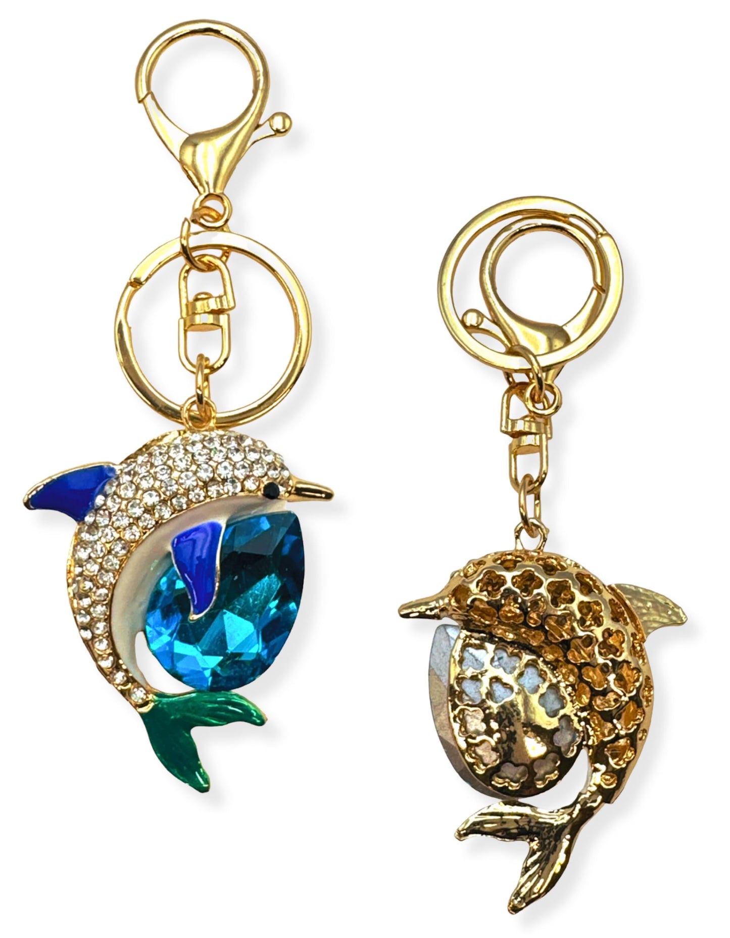 Evenchae Dolphin Keychain - Inlaid with Rhinestones - Gold Filigree Back - Drawstring Gift Bag - 4.75 in Long