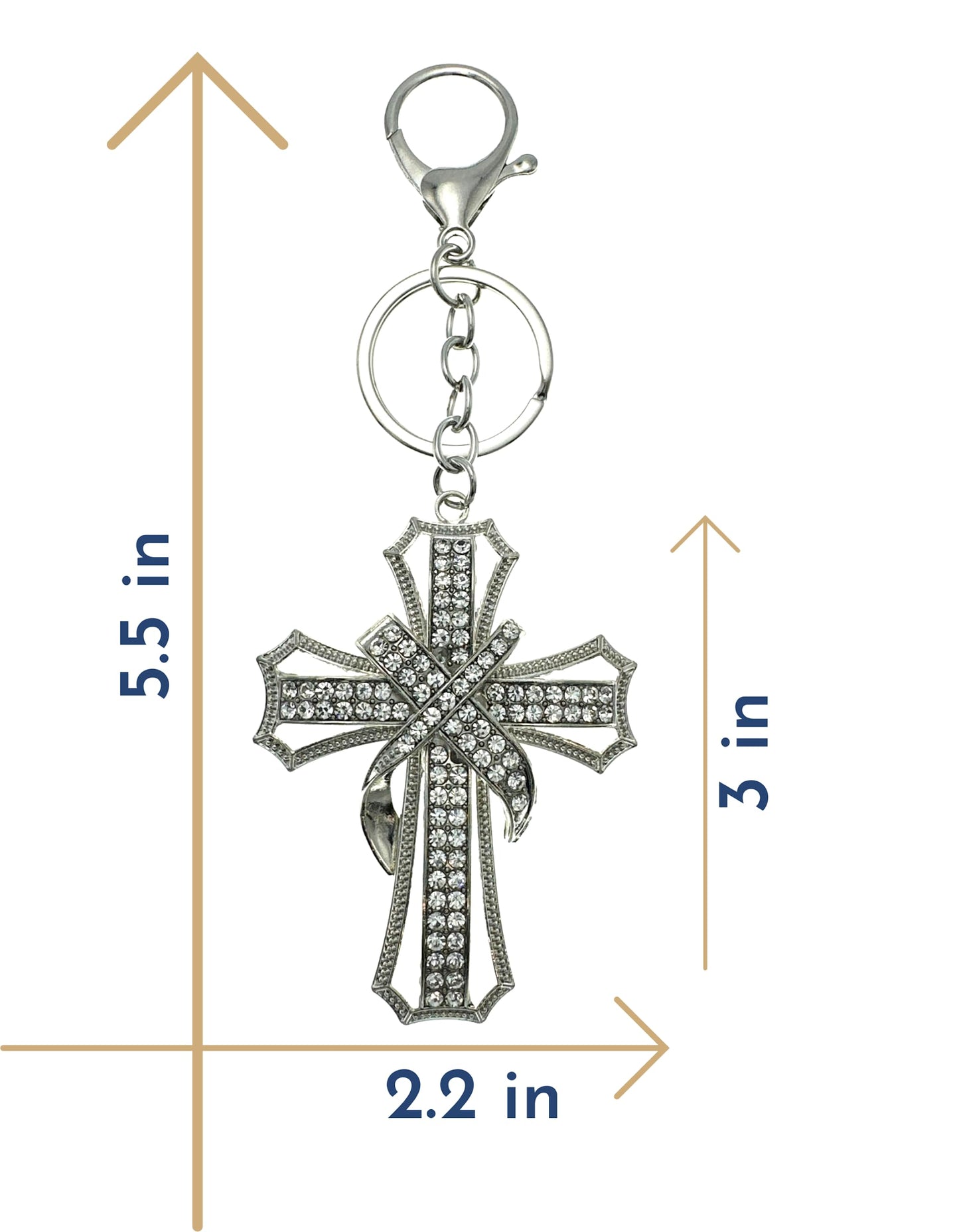 Evenchae Ornate Cross Keychain - Inlaid with Clear Rhinestones, Drawstring Gift Bag - 5.5 In Long