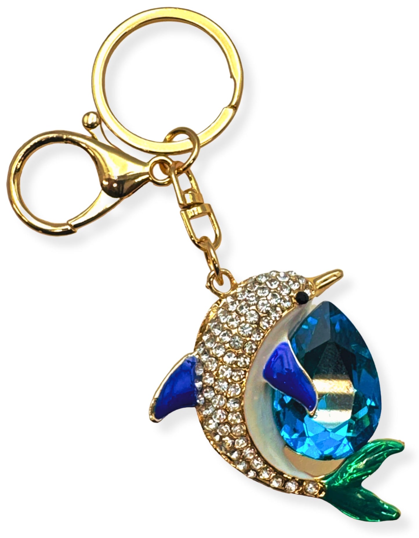 Evenchae Dolphin Keychain - Inlaid with Rhinestones - Gold Filigree Back - Drawstring Gift Bag - 4.75 in Long