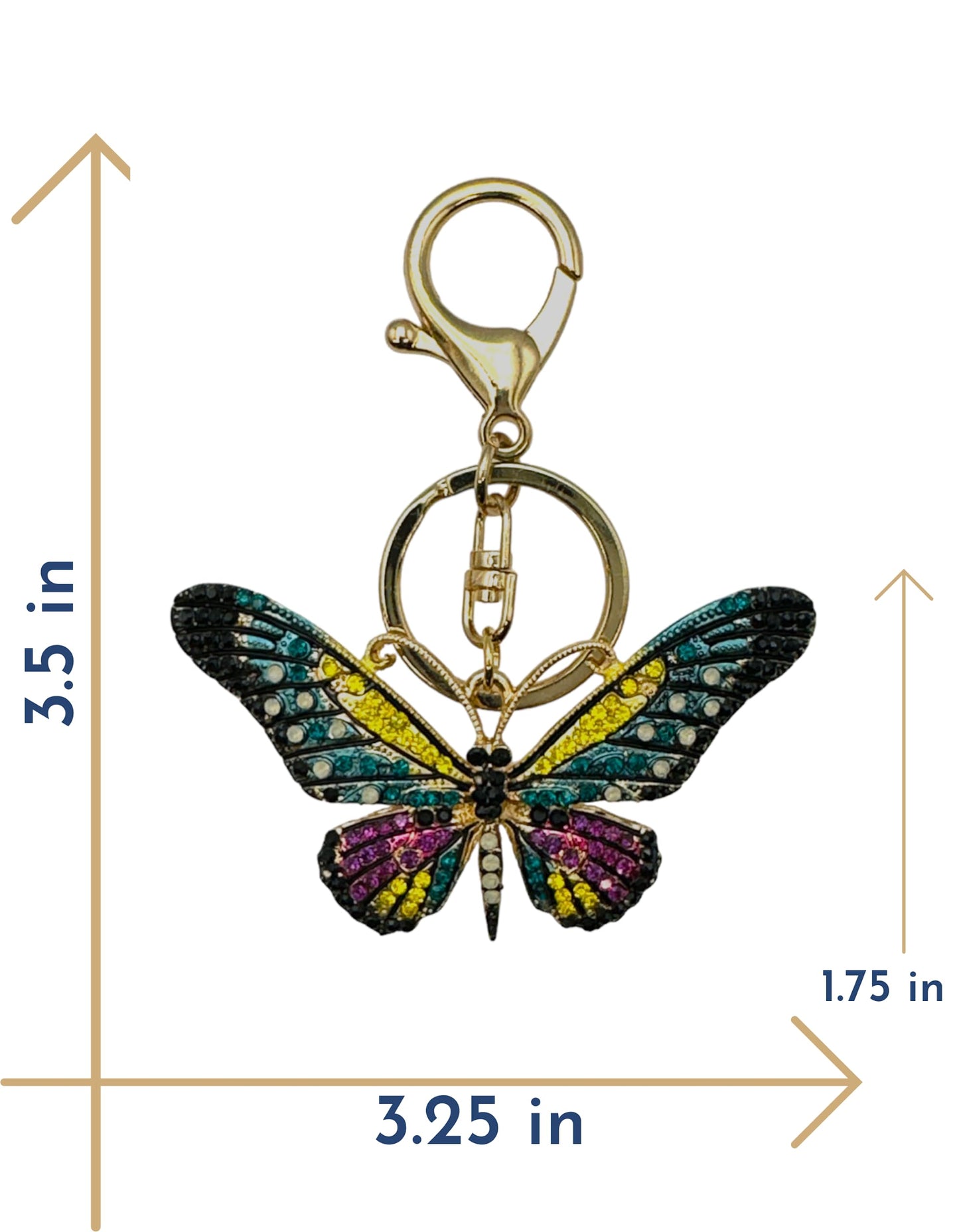 Evenchae Neon Butterfly Keychain - Inlaid with Rhinestones, Drawstring Gift Bag, Gold Solid Back - 3.5 in Long