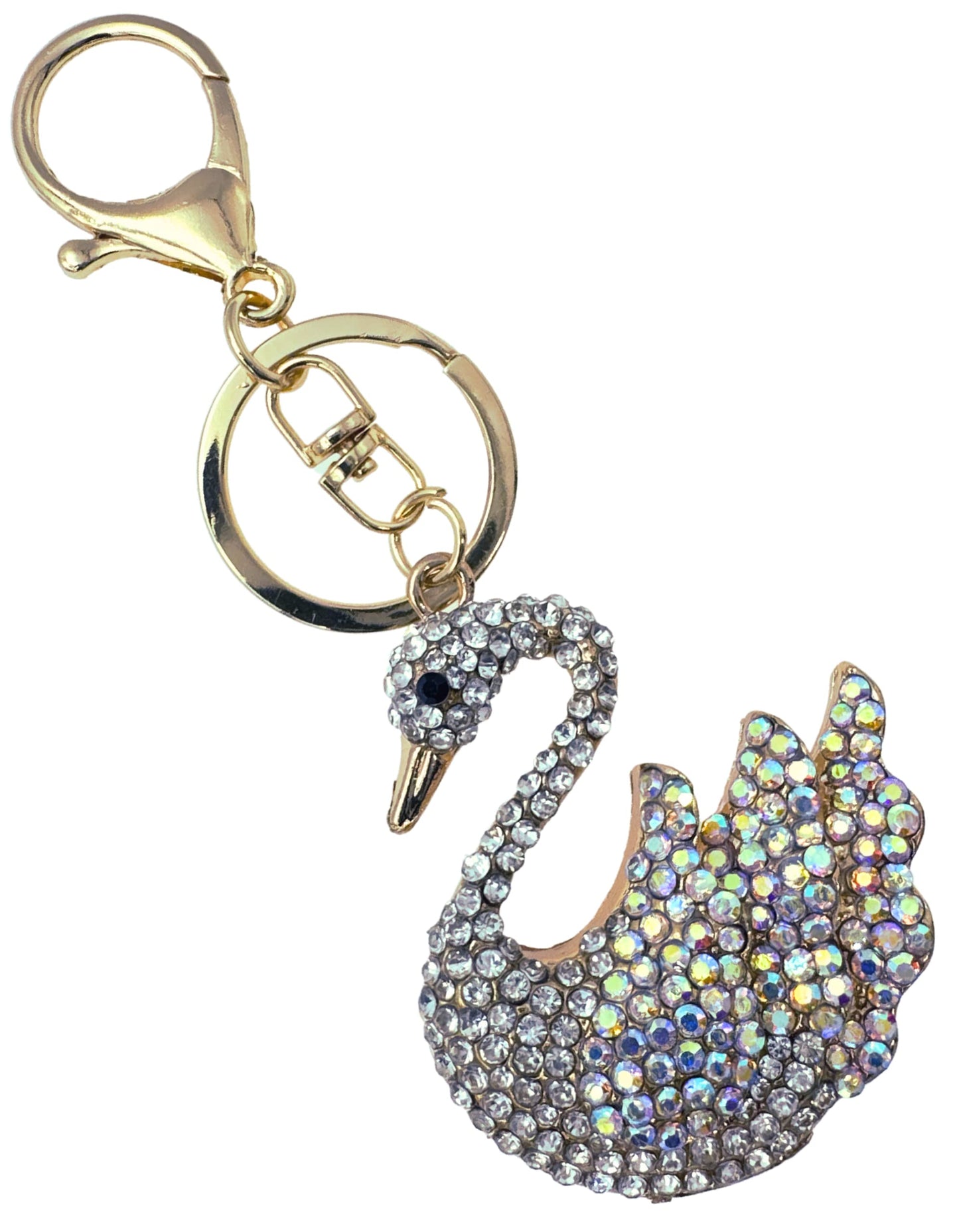 Evenchae Elegant Swan Keychain - Rhinestones, Filigreed Gold Back, Drawstring Gift Bag - 5 In Long Purse Jewelry