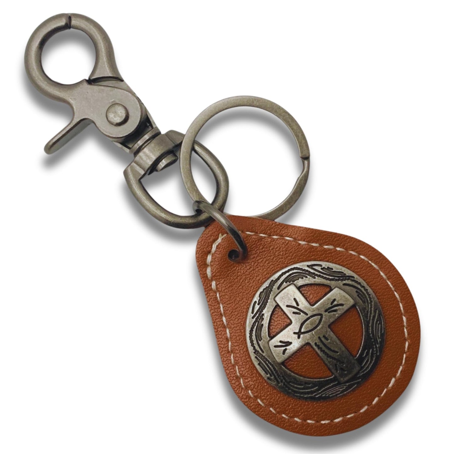 Evenchae Leather Keychain - Cross Medallion Concho - Gift Bag - Unisex 4.5 in L