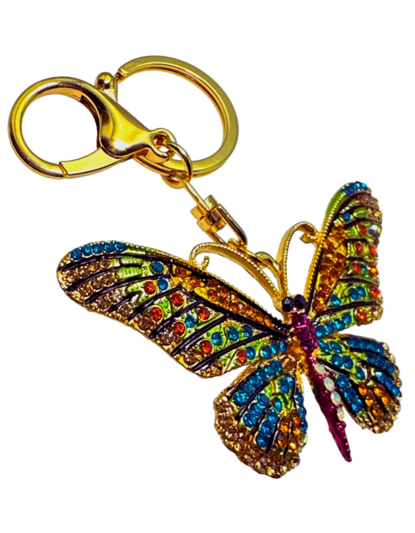 Evenchae Neon Butterfly Keychain - Inlaid with Rhinestones, Drawstring Gift Bag, Gold Solid Back - 3.5 in Long