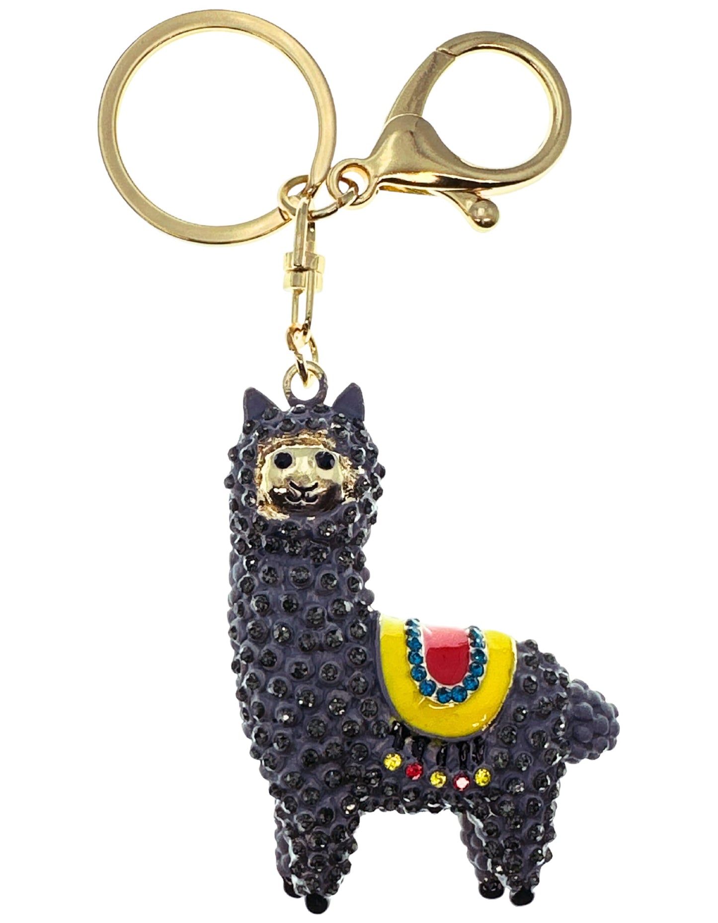 Evenchae Sparkling Llama Keychain - Rhinestones, Gold Filigreed Back, Drawstring Gift Bag - 5" Long Purse Jewelry