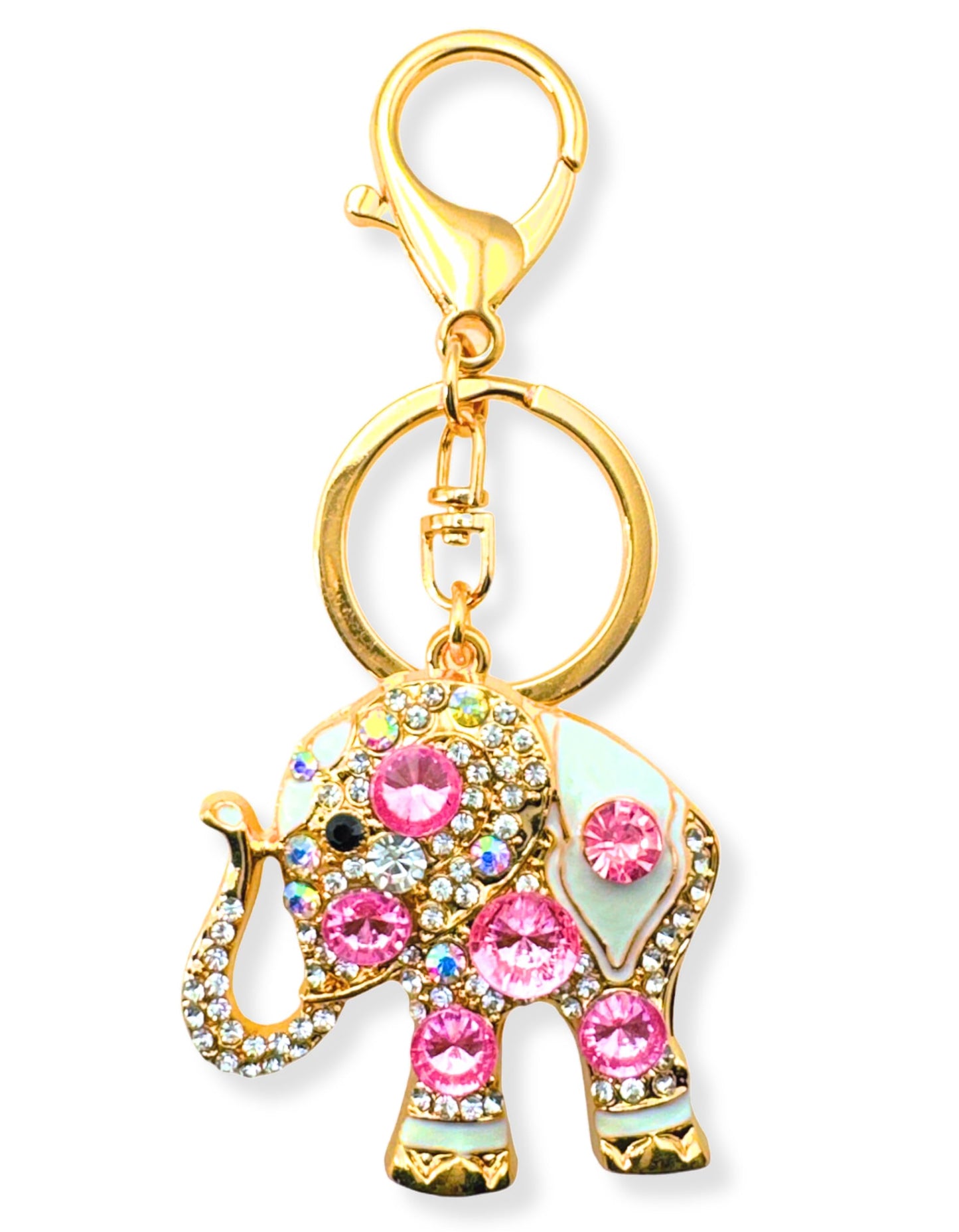 Evenchae Elephant Keychain - Inlaid with Rhinestones - Drawstring Gift Bag - Gold Filigree Back - 4.4 in Long