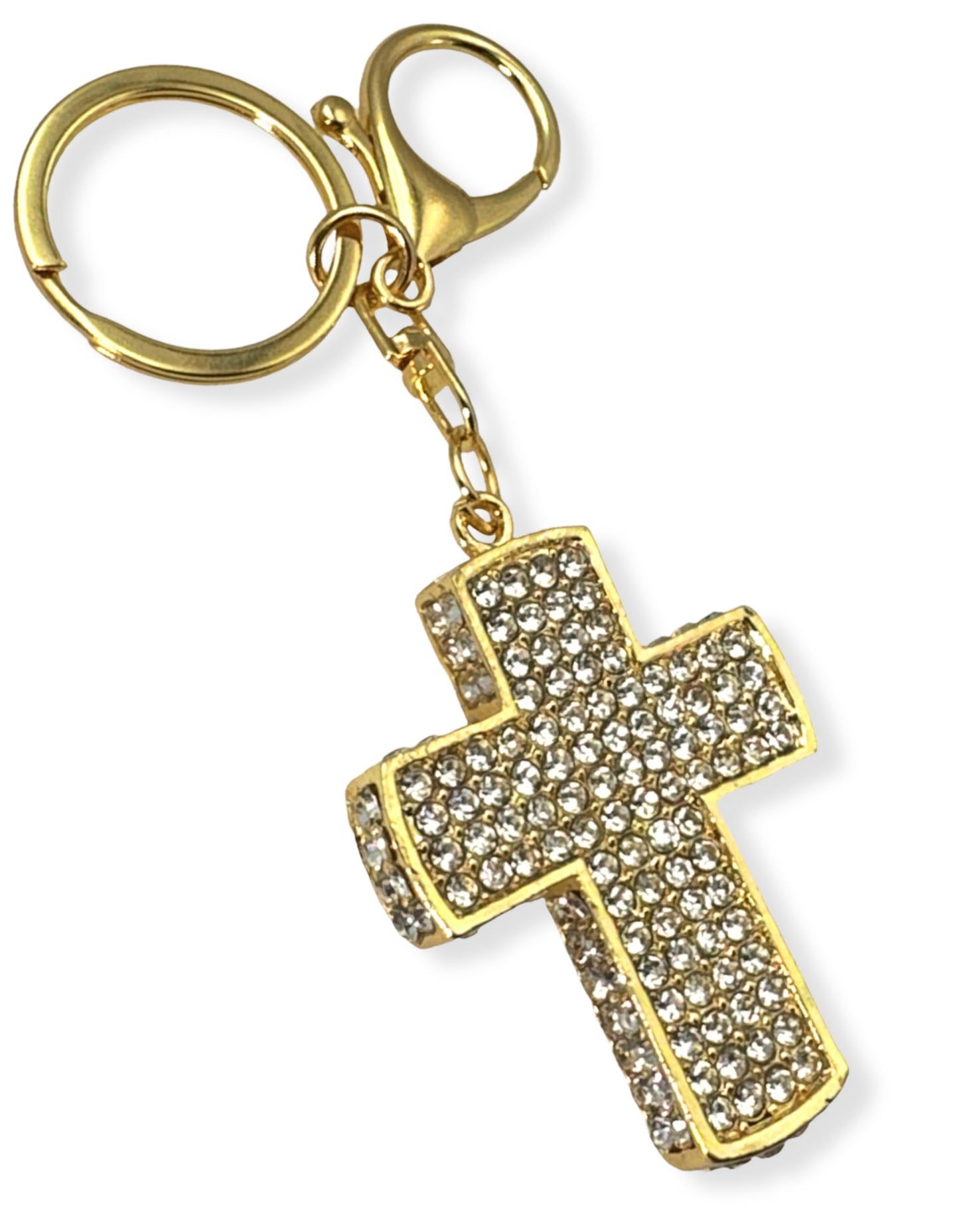 Evenchae Gold Cross Keychain - Inlaid with Clear Rhinestones - Gold Filigree Back - Drawstring Gift Bag - 4.75 in Long