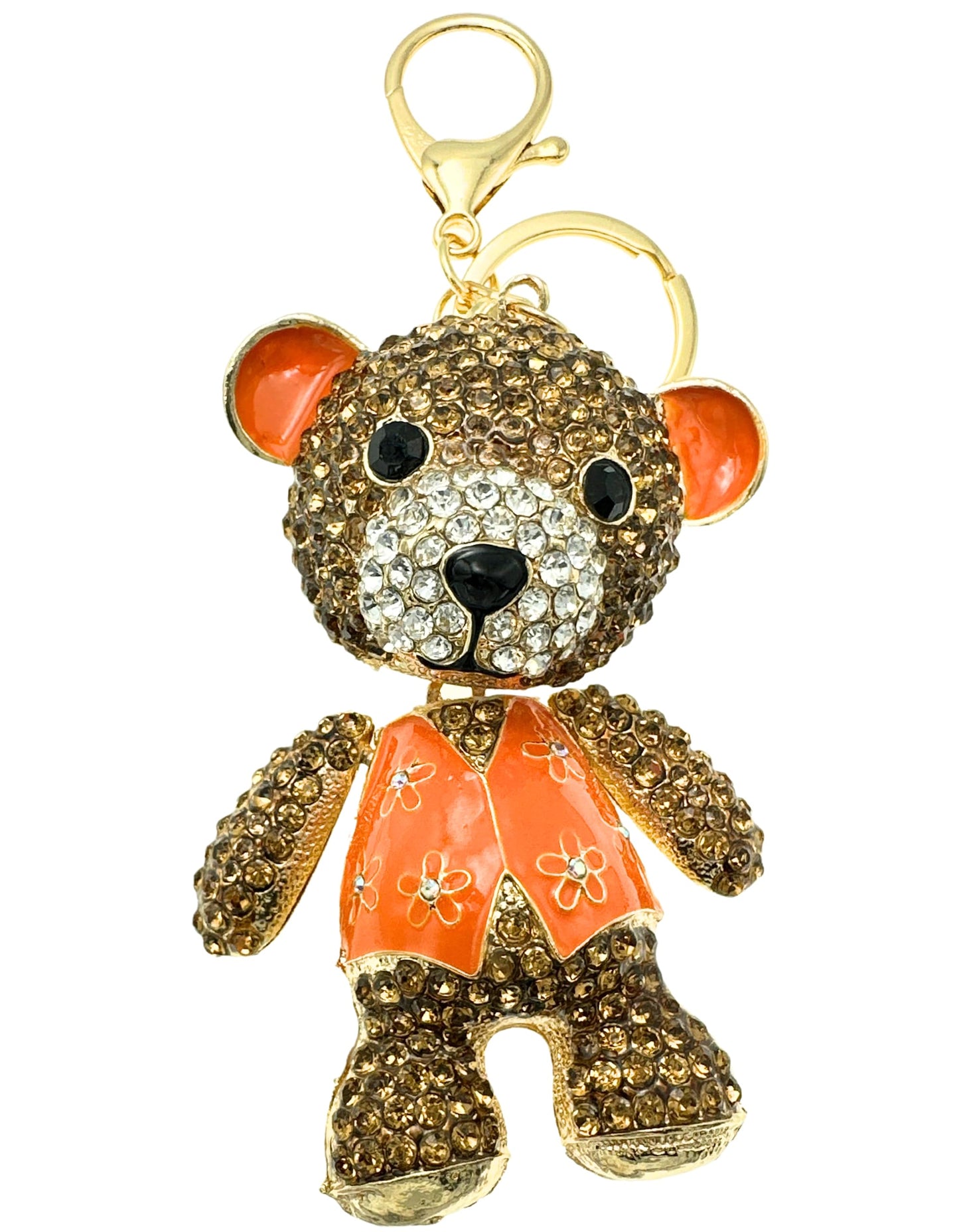 Evenchae Teddy Bear Keychain - Rhinestones - Head, Body & Arms Moves, Gold Filigree Back, Gift Bag, 6 In Long