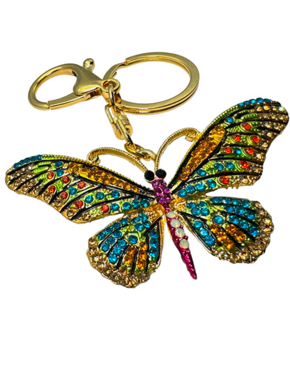 Evenchae Neon Butterfly Keychain - Inlaid with Rhinestones, Drawstring Gift Bag, Gold Solid Back - 3.5 in Long