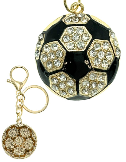 Evenchae Soccer Ball Keychain - Inlaid with Clear Rhinestones, Gold Filigree Back, Drawstring Gift Bag, 4 Inches Long