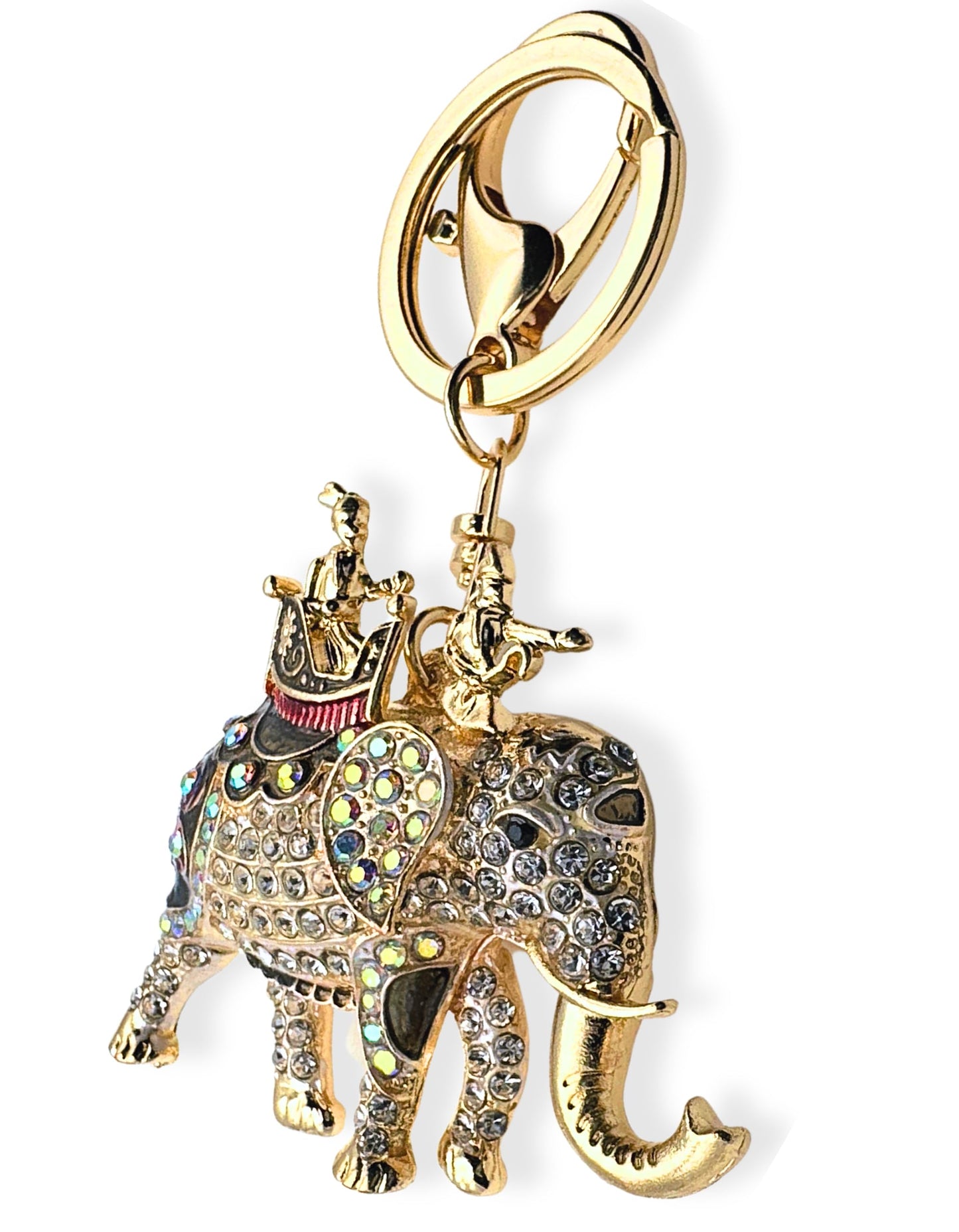 Evenchae Elephant Keychain - Inlaid with Rhinestones - Gold Filigree Back - Drawstring Gift Bag - 4.25 in Long