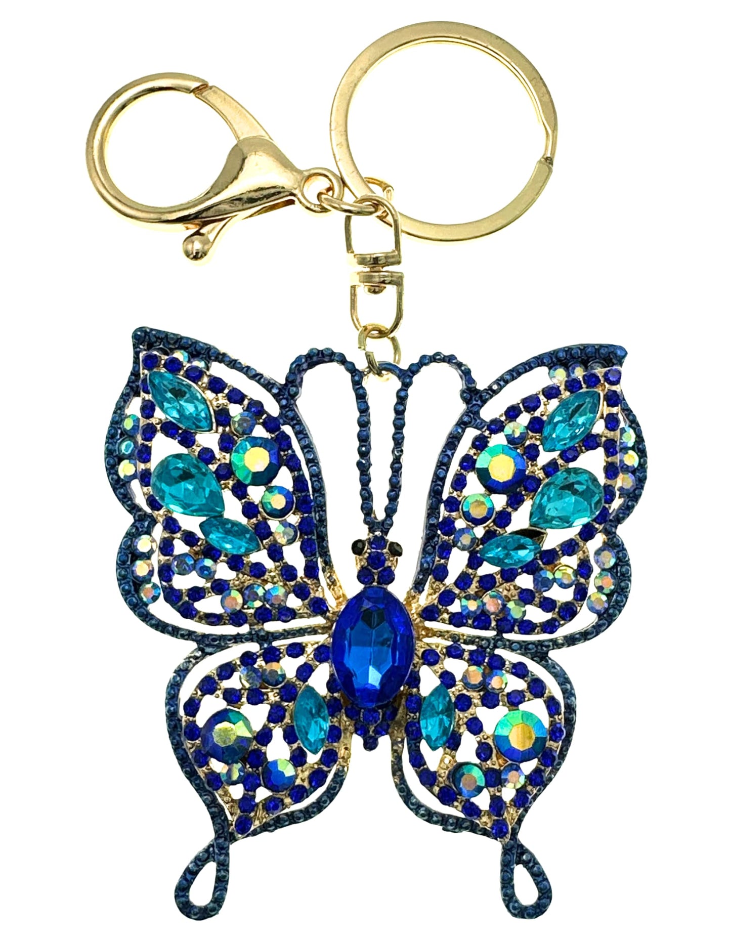 Evenchae Intricate Butterfly Keychain - Rhinestones, Gold Filigree Back, Drawstring Gift Bag - 5 in Long Purse Jewelry