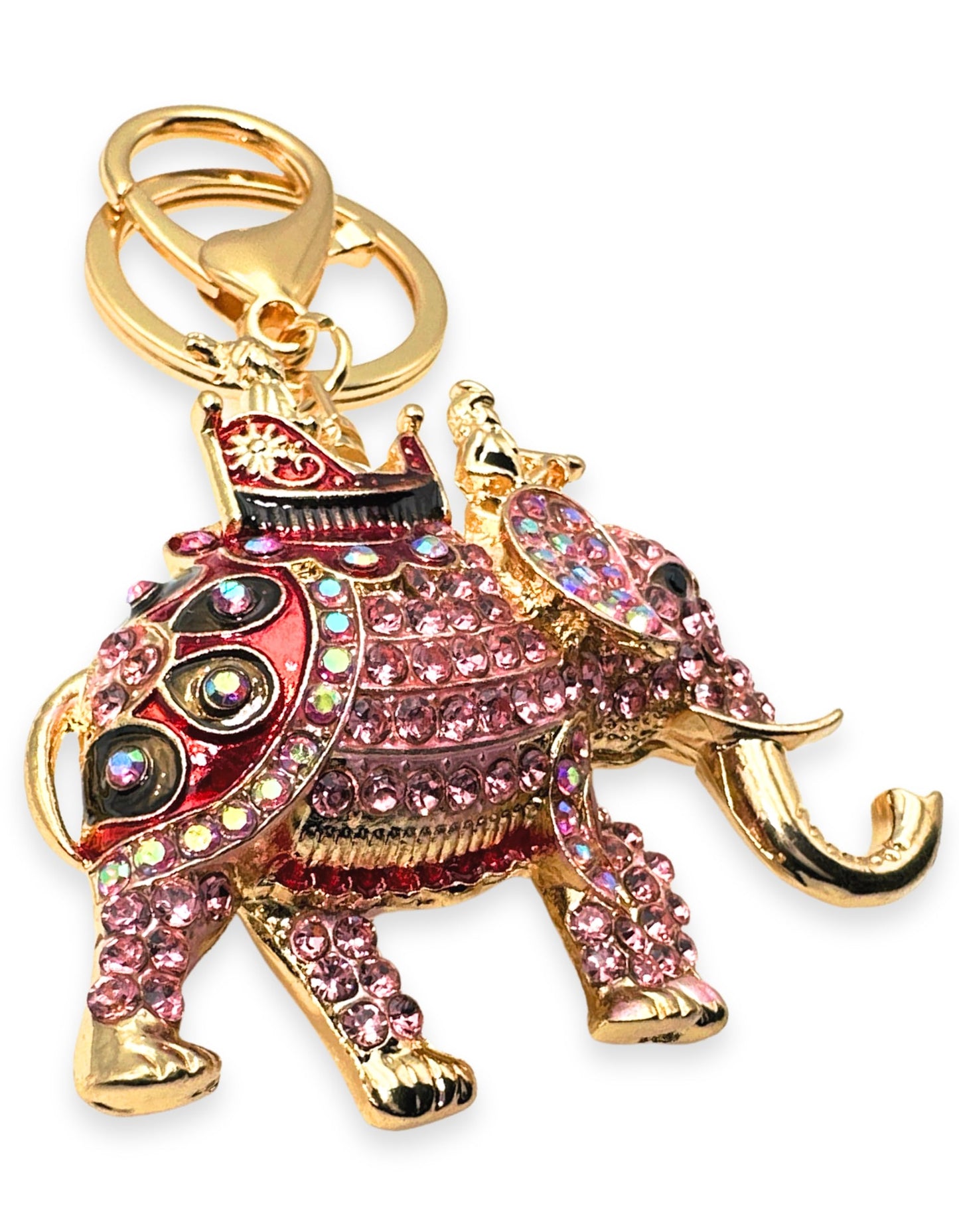 Evenchae Elephant Keychain - Inlaid with Rhinestones - Gold Filigree Back - Drawstring Gift Bag - 4.25 in Long