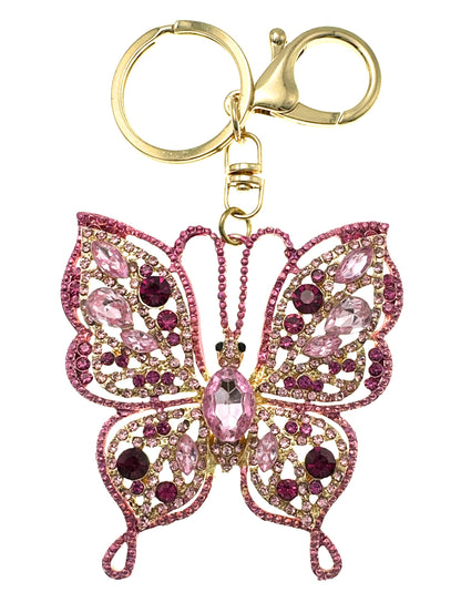 Evenchae Intricate Butterfly Keychain - Rhinestones, Gold Filigree Back, Drawstring Gift Bag - 5 in Long Purse Jewelry