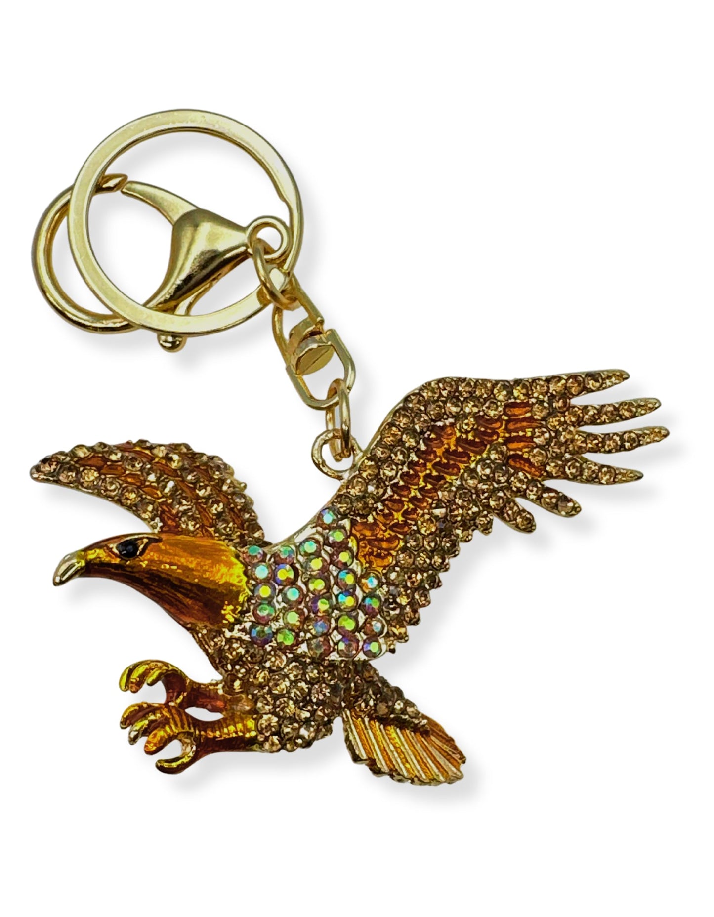 Evenchae American Eagle Keychain - Inlaid with Rhinestones - Gold Filigree Back - Drawstring Gift Bag - 4.25 in Long