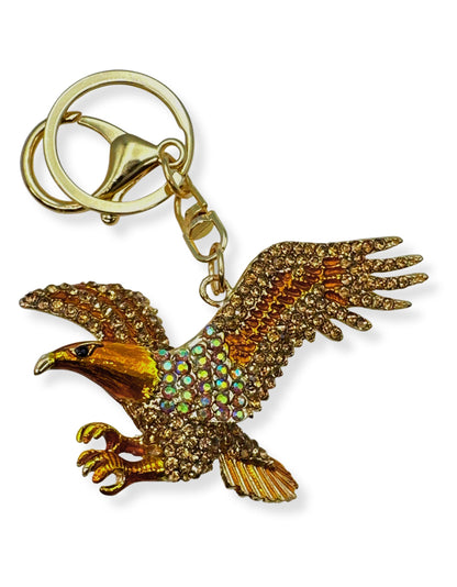 Evenchae American Eagle Keychain - Inlaid with Rhinestones - Gold Filigree Back - Drawstring Gift Bag - 4.25 in Long