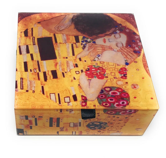 Value Arts Klimt The Kiss Glass Keepsake Box, Beveled Edges, Velvet Lined, 4.7 Inches Square