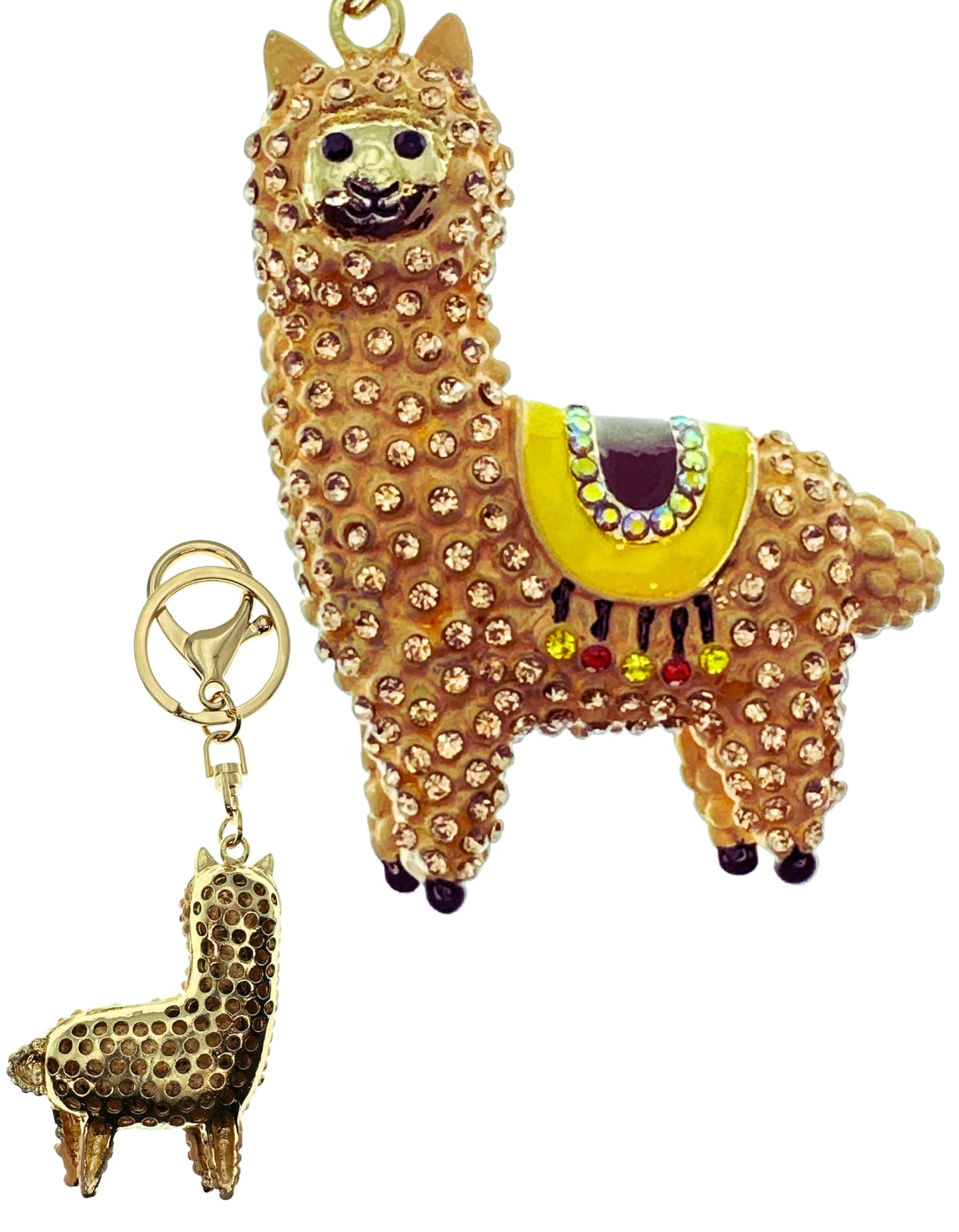 Evenchae Sparkling Llama Keychain - Rhinestones, Gold Filigreed Back, Drawstring Gift Bag - 5" Long Purse Jewelry