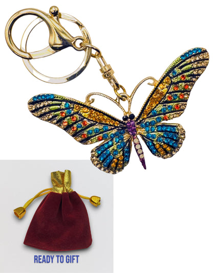 Evenchae Neon Butterfly Keychain - Inlaid with Rhinestones, Drawstring Gift Bag, Gold Solid Back - 3.5 in Long