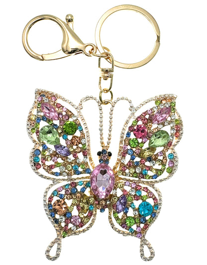 Evenchae Intricate Butterfly Keychain - Rhinestones, Gold Filigree Back, Drawstring Gift Bag - 5 in Long Purse Jewelry